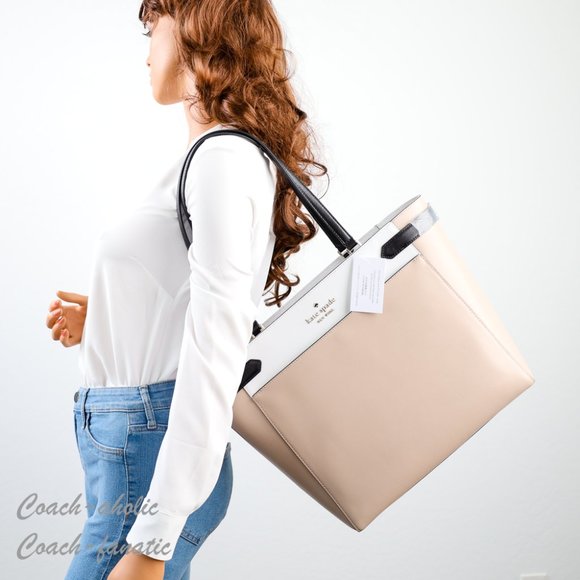 NWT Kate Spade Staci Laptop Tote Triple compartment Leather in Warm Beige - Picture 2 of 13